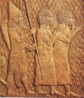Israelis-Hebrews ca. BCE 701, Lakhish, Assyrian Exile Sennacherib relief (two Jews, showing hair, beard & dress)